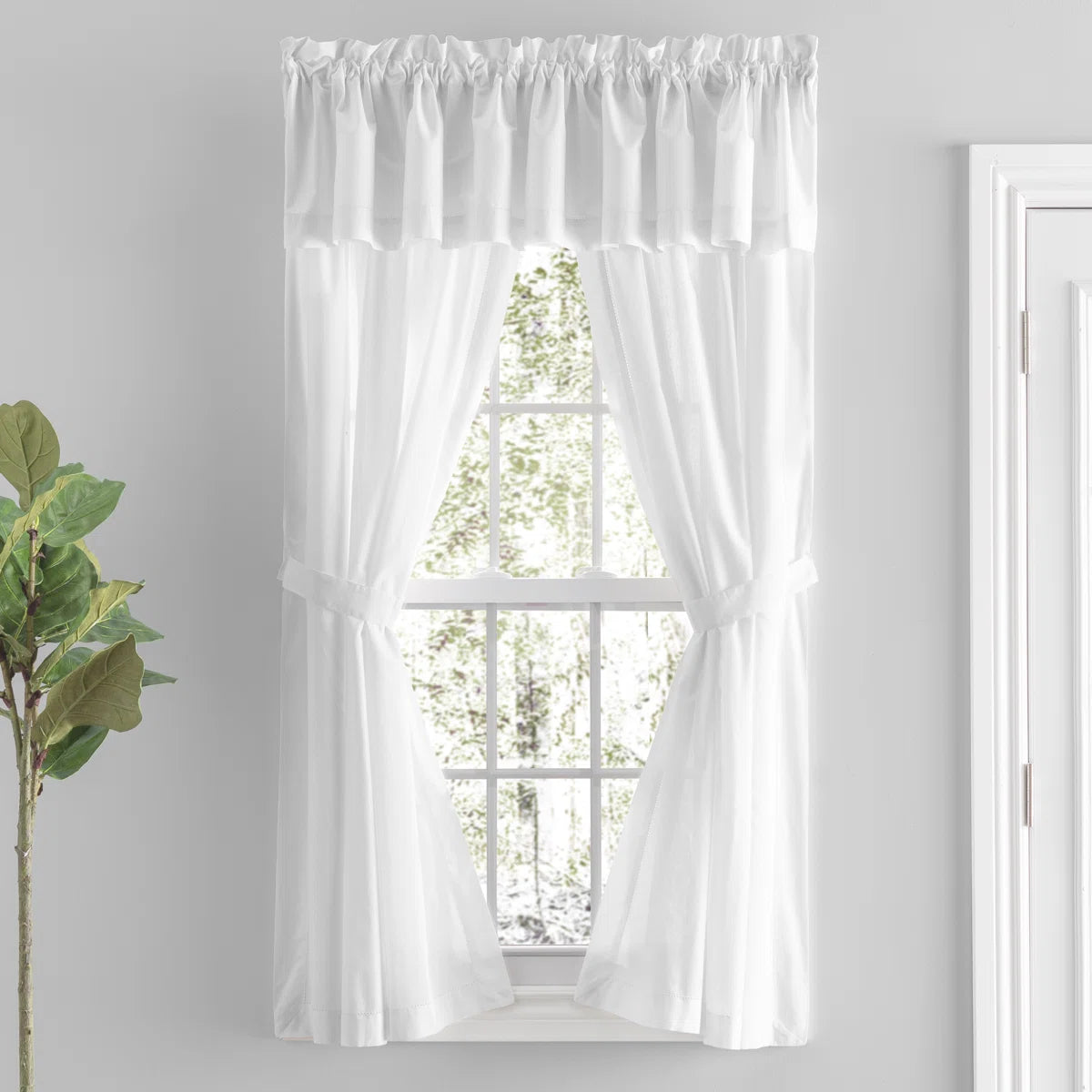 Blandford Premium 100% Cotton Solid Hemstitch Semi-Sheer Rod Pocket Curtain Panels with Tie-Backs (Set of 2)